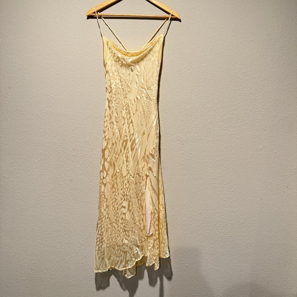 STR THE LABEL Yellow Burnout Velvet Cowl Neck Midi Dress XS Animal Print Slit
